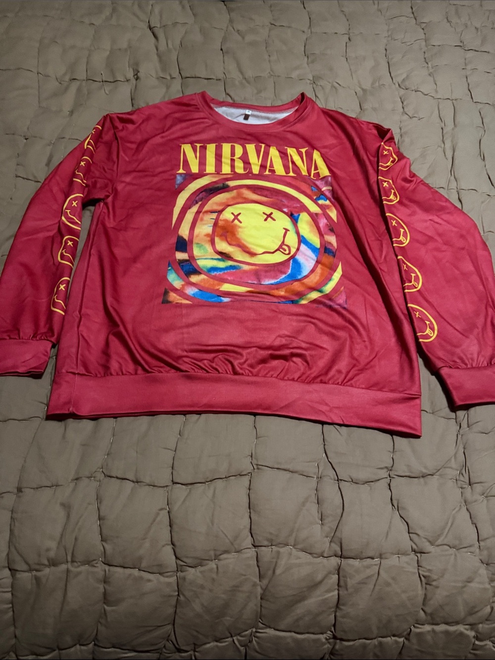 NIRVANA Red women’s Long-Sleeve Graphic Sweatshirt with Yellow Logo